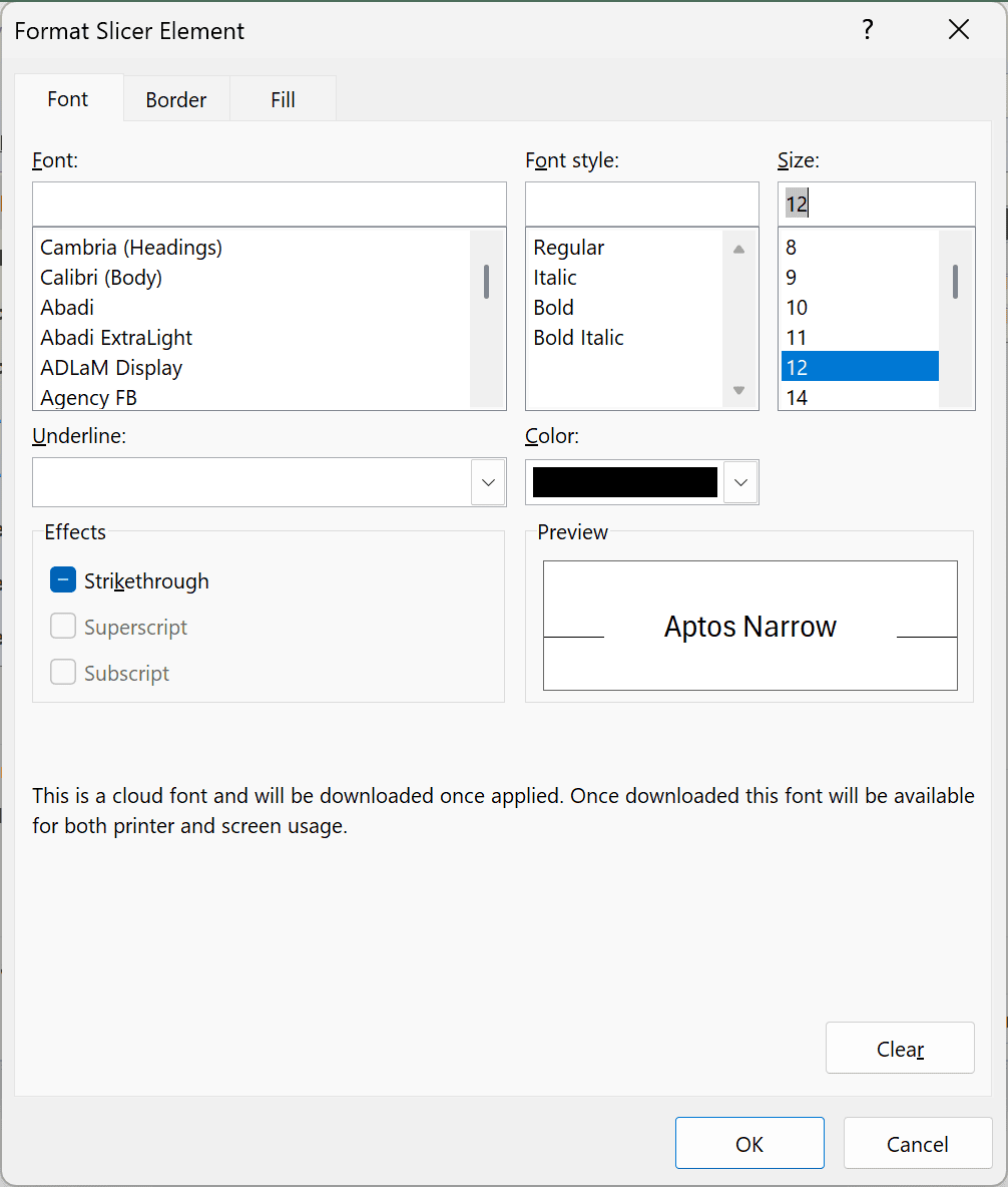 Format Slicer Element Font tab with font size 12 selected