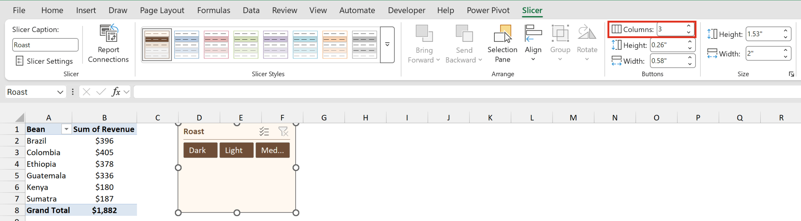Slicer tab Buttons group with Columns set to 3