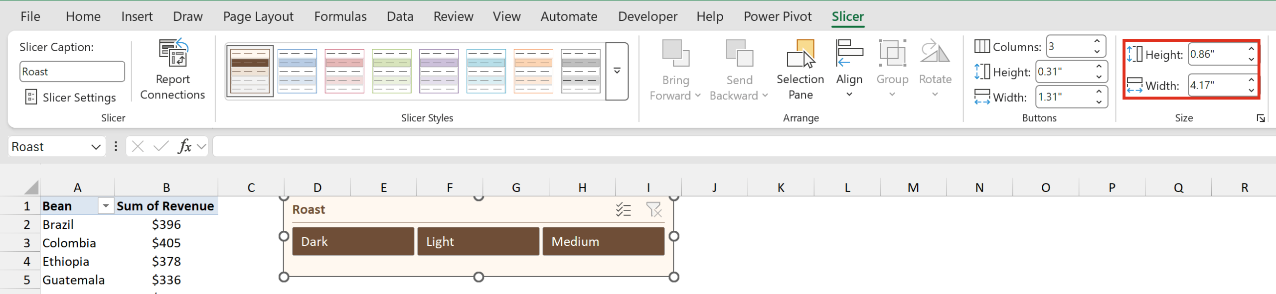 Slicer tab Size group used to make the slicer wide and short
