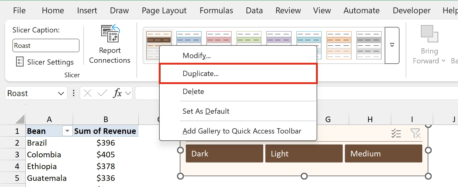 Right-click menu on the Coffee Brown style with Duplicate