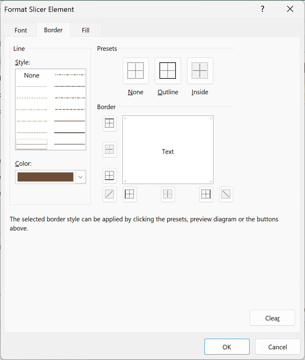 Format Slicer Element Border tab with the None preset