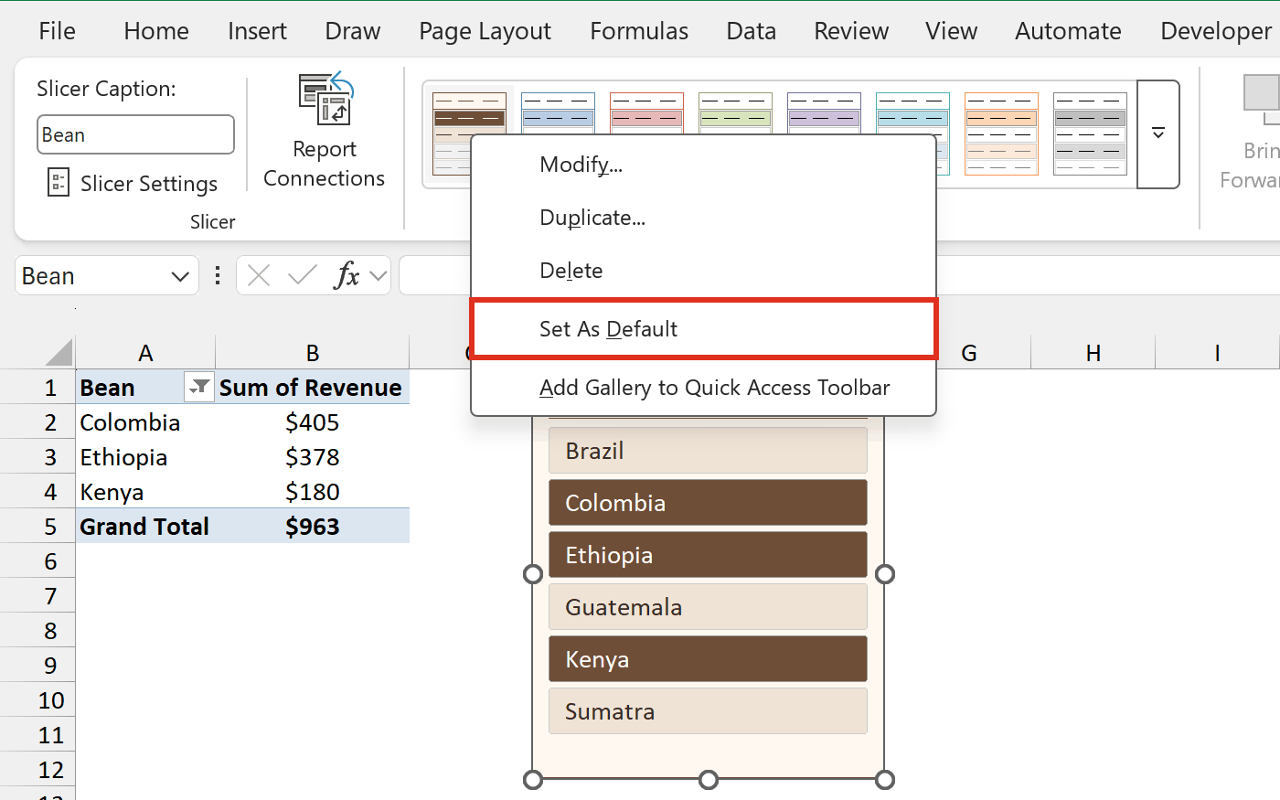 Right-click menu on the Coffee Brown style with Set As Default