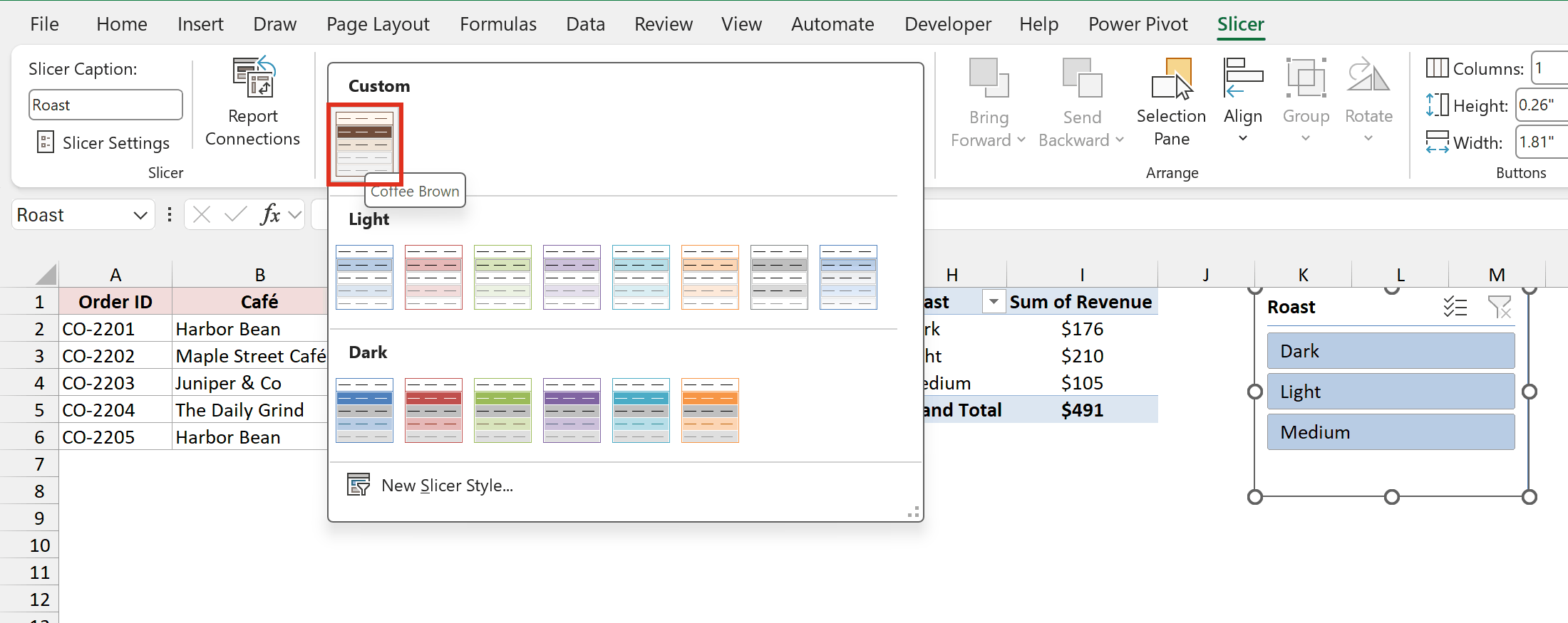 Coffee Brown still listed under Custom in the other workbook's slicer style gallery