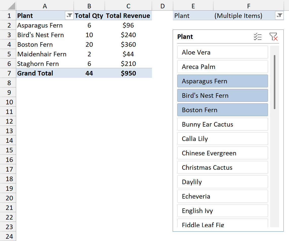 Slicer highlights the ferns and the PivotTable shows five fern plants totaling $950; F1 shows (Multiple Items)