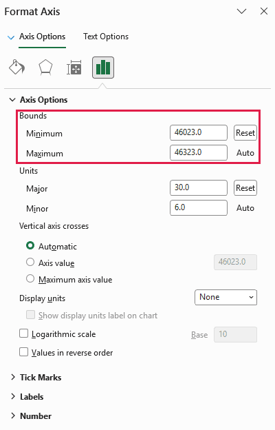 Horizontal axis options with minimum 46023 and maximum set to Automatic