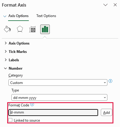 Horizontal axis number settings with the d-mmm date format and Linked to source cleared