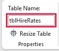 Table Design tab showing tblHireRates as the source table name