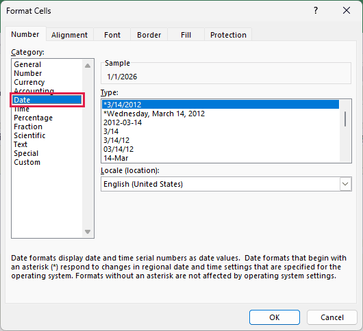 Format Cells dialog with the Date category selected for the spilled plot dates
