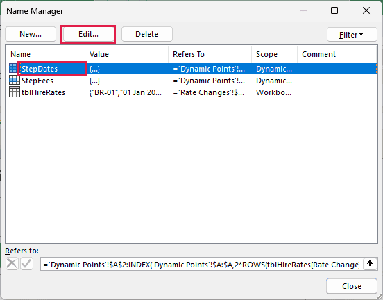 StepDates selected in Name Manager, with the Edit button available to inspect its reference