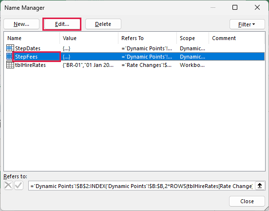 StepFees selected in Name Manager, with the Edit button available to inspect its reference