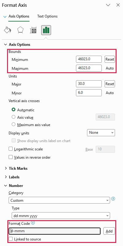 Horizontal axis settings using minimum 46023 and the d-mmm date format