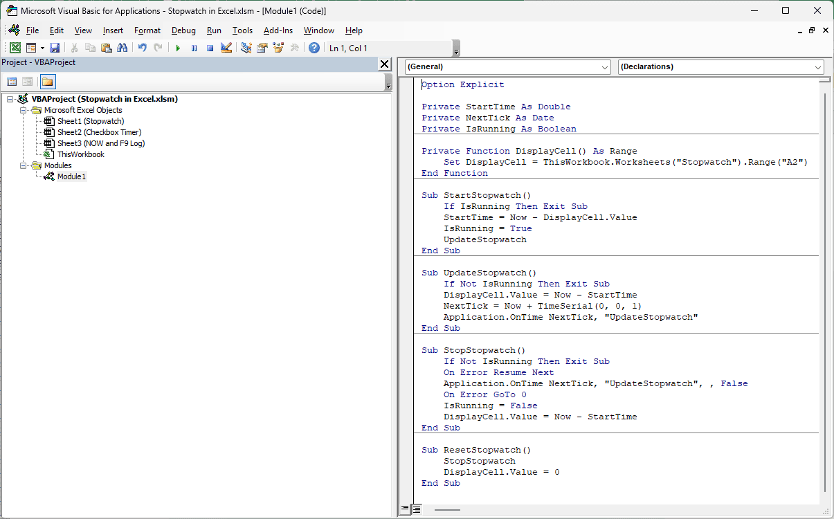 Visual Basic Editor shows Module1 code for StartStopwatch, UpdateStopwatch, StopStopwatch, and ResetStopwatch.