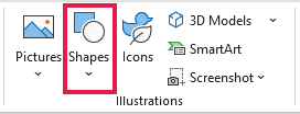 Excel's Insert tab has the Shapes button highlighted in the Illustrations group.