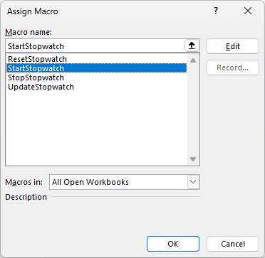 Assign Macro dialog shows StartStopwatch selected in the macro list.