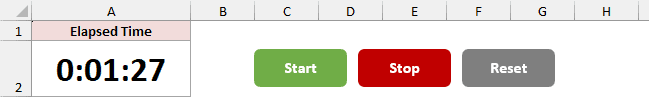 Running stopwatch shows 0:01:27 with Start, Stop, and Reset buttons.