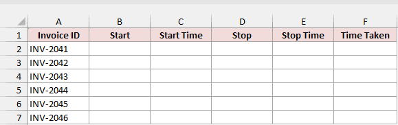 Invoice table lists INV-2041 through INV-2046 with empty Start, Start Time, Stop, Stop Time, and Time Taken columns.