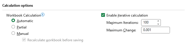 Excel Options shows Enable iterative calculation checked under Calculation options on the Formulas page.