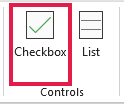Excel's Insert tab has the Checkbox button highlighted in the Controls group.