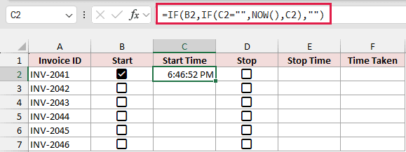 Cell C2 shows 6:46:52 PM using =IF(B2,IF(C2="",NOW(),C2),"") while checkbox B2 is checked.