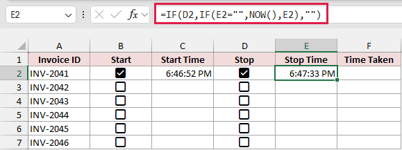 Cell E2 uses =IF(D2,IF(E2="",NOW(),E2),"") and shows 6:47:33 PM beside the 6:46:52 PM start time.
