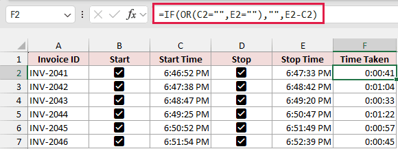 Cell F2 uses =IF(OR(C2="",E2=""),"",E2-C2) and shows 0:00:41 in a table with six timed invoices.