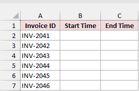 Invoice table shows Invoice ID with empty Start Time and End Time columns.