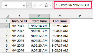 Excel invoice table showing fixed times, with B2 selected and its timestamp in the formula bar.
