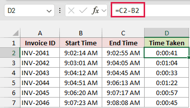 Cell D2 uses =C2-B2 to show Time Taken of 0:00:41 for invoice INV-2041.