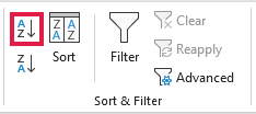 Sort A to Z is outlined in red within the Data tab's Sort & Filter group.