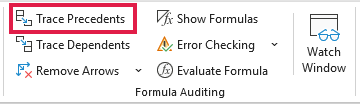 Trace Precedents button outlined in red in the Formulas tab Formula Auditing group.