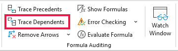 Trace Dependents button outlined in red on the Formulas tab.