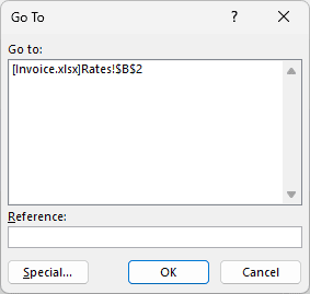 Go To dialog lists a reference to cell B2 on the Rates sheet.