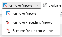 Formulas tab menu lists Remove Arrows, Remove Precedent Arrows, and Remove Dependent Arrows.