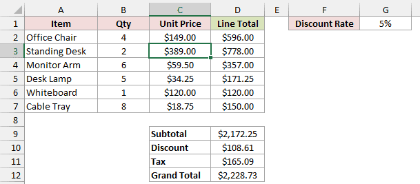 Standing Desk unit price cell C3 is selected, displaying $389.00.