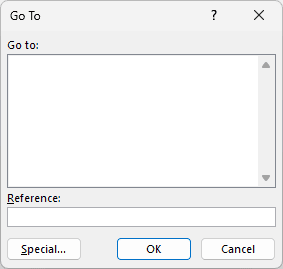Excel Go To dialog displays the Special button.