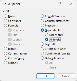 Go To Special dialog has Dependents and All levels selected.