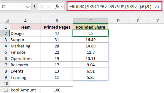 The proportional-allocation formula spills rounded shares into C2 through C9.