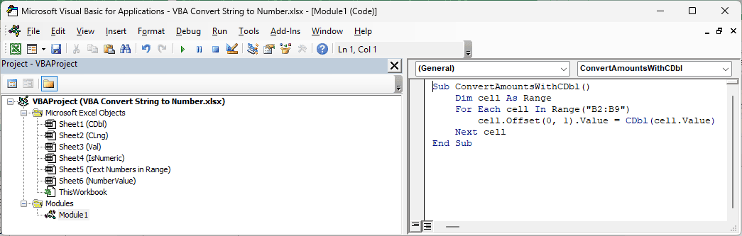 The VB Editor module shows the ConvertAmountsWithCDbl macro with a For Each loop using CDbl.