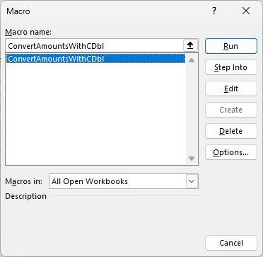 The Excel Macro dialog has ConvertAmountsWithCDbl selected and shows the Run button.