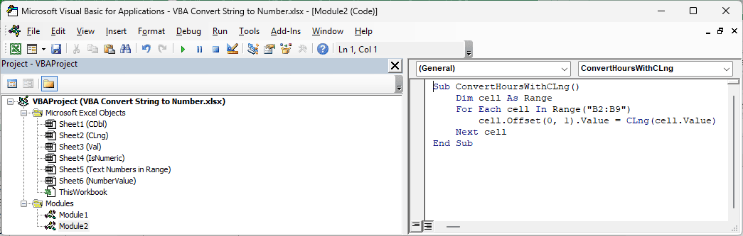 The VB Editor displays a module containing the ConvertHoursWithCLng macro.