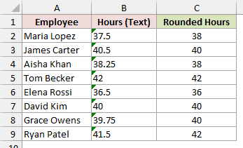 Rounded Hours shows CLng results of 38, 40, 38, 42, 36, 40, 40 and 42.