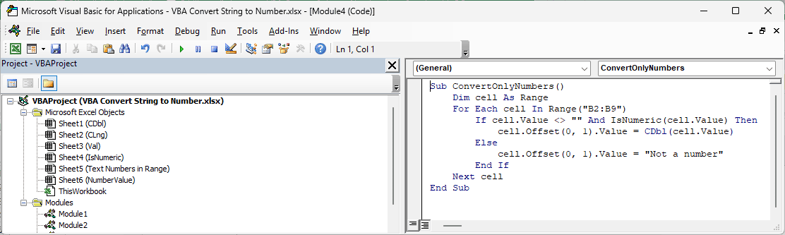 The VB Editor shows the ConvertOnlyNumbers macro using IsNumeric and CDbl.