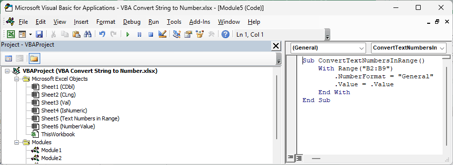 The VB Editor shows ConvertTextNumbersInRange setting NumberFormat to General and assigning .Value to .Value.