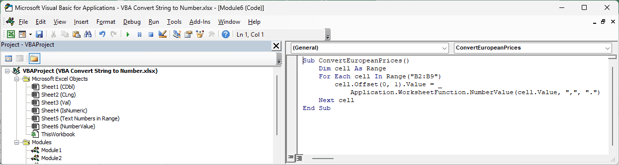 The VB Editor shows the ConvertEuropeanPrices macro using WorksheetFunction.NumberValue.