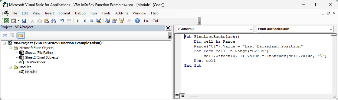 FindLastBackslash macro pasted into a new module in the VB Editor.