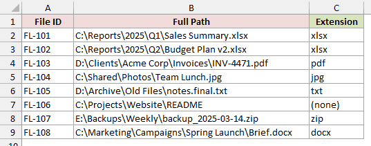 Column C shows txt for notes.final.txt and (none) for README when extracting file extensions.