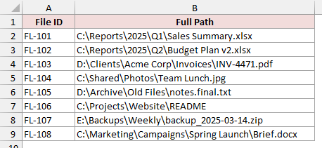 File IDs and full paths in columns A and B for extracting file names with TextAfterLast.