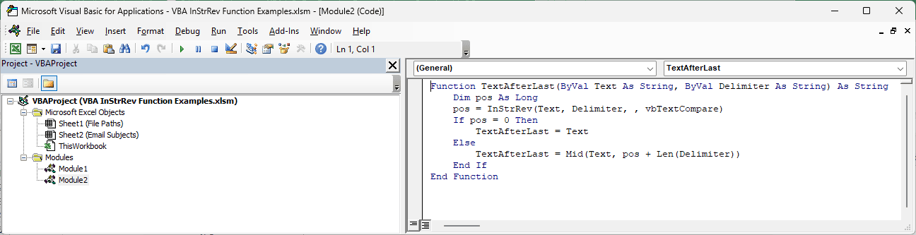 TextAfterLast custom function pasted into a new module in the VB Editor.