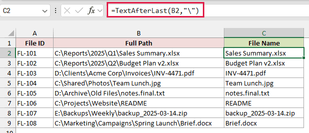 Column C uses TextAfterLast to return the file name after each path's last backslash.