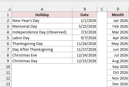 Eight 2026 company holidays appear beside a list of months from January through December.